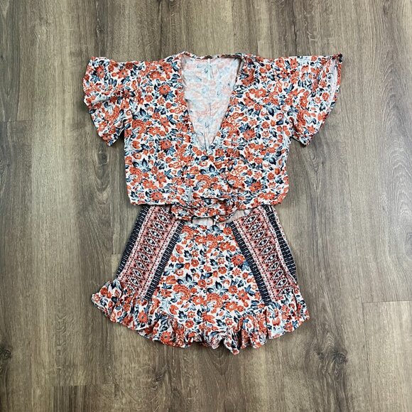 Free People Floral Tie Waist Ruffle Short Surf Date Jumpsuit Romper Sz 0 - Picture 3 of 15